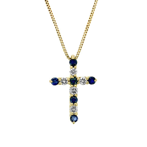 Yellow Gold Diamond and Sapphire Cross Pendant